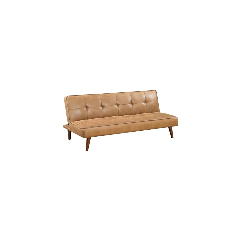 Benzara Sena Futon Convertible Sofa Bed Sleeper Couch, Light Brown Faux Leather