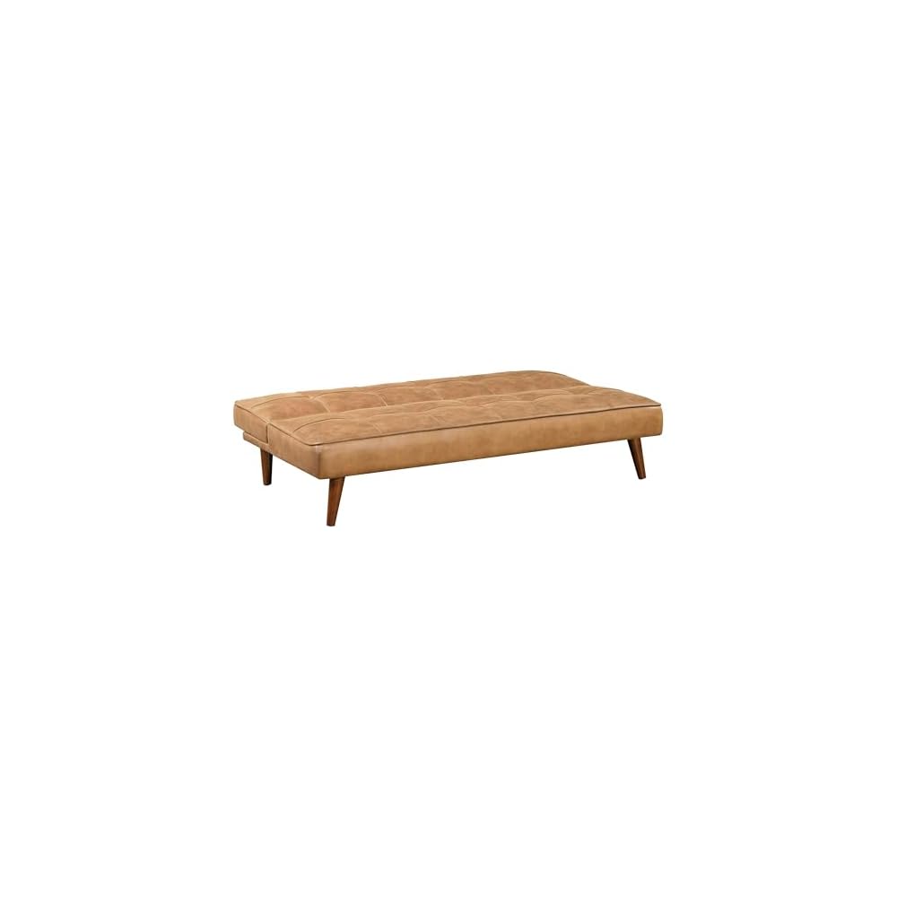 Benzara Sena Futon Convertible Sofa Bed Sleeper Couch, Light Brown Faux Leather