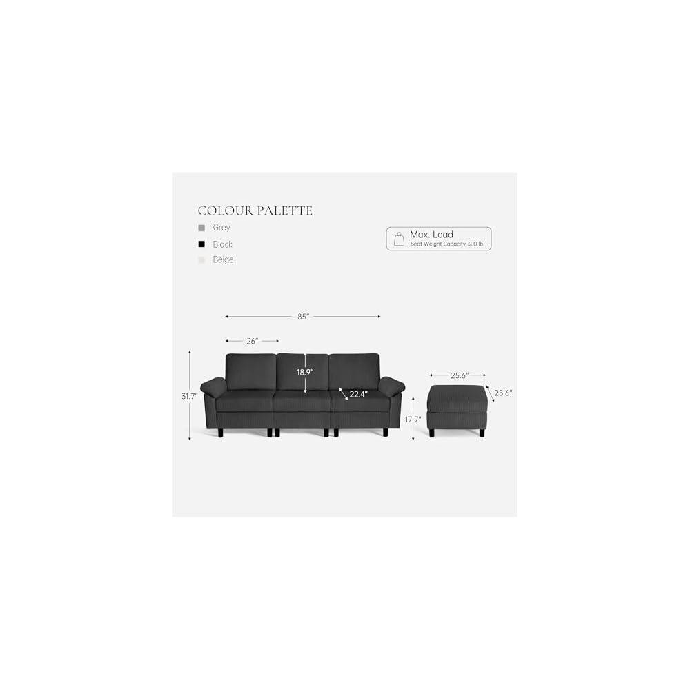 85" Modular Sectional Sofa with Storage, 3-Seat Corduroy Memory Foam Cloud Couch, L Shaped Modern Sectional Sofa Set with Movable Ottoman,Black