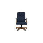 UrbanPro Executive Office Chair, Linen Fabric, Button Tufted, Denim Blue, Driftwood Finish, Adjustable Height 20"-23", 27" W x 28" D x 43"-47" H, Brass Casters, Traditional Design for Home or Office