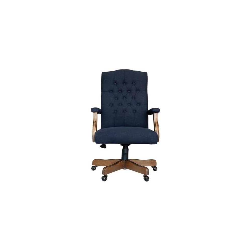 UrbanPro Executive Office Chair, Linen Fabric, Button Tufted, Denim Blue, Driftwood Finish, Adjustable Height 20"-23", 27" W x 28" D x 43"-47" H, Brass Casters, Traditional Design for Home or Office