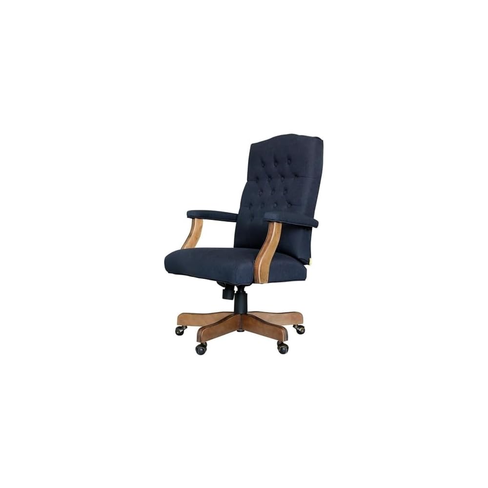 UrbanPro Executive Office Chair, Linen Fabric, Button Tufted, Denim Blue, Driftwood Finish, Adjustable Height 20"-23", 27" W x 28" D x 43"-47" H, Brass Casters, Traditional Design for Home or Office