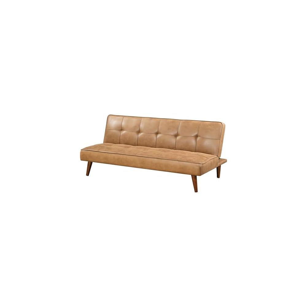 Benzara Sena Futon Convertible Sofa Bed Sleeper Couch, Light Brown Faux Leather