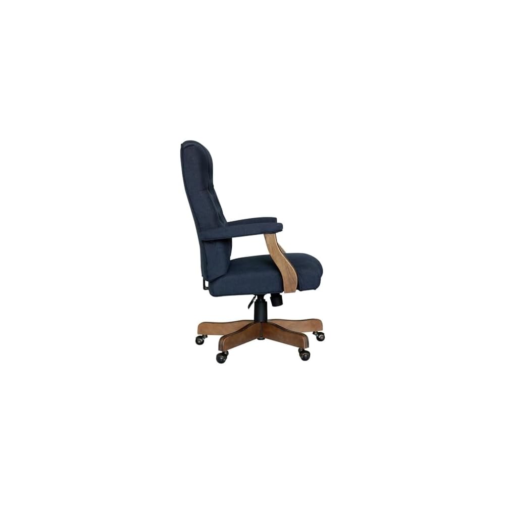 UrbanPro Executive Office Chair, Linen Fabric, Button Tufted, Denim Blue, Driftwood Finish, Adjustable Height 20"-23", 27" W x 28" D x 43"-47" H, Brass Casters, Traditional Design for Home or Office