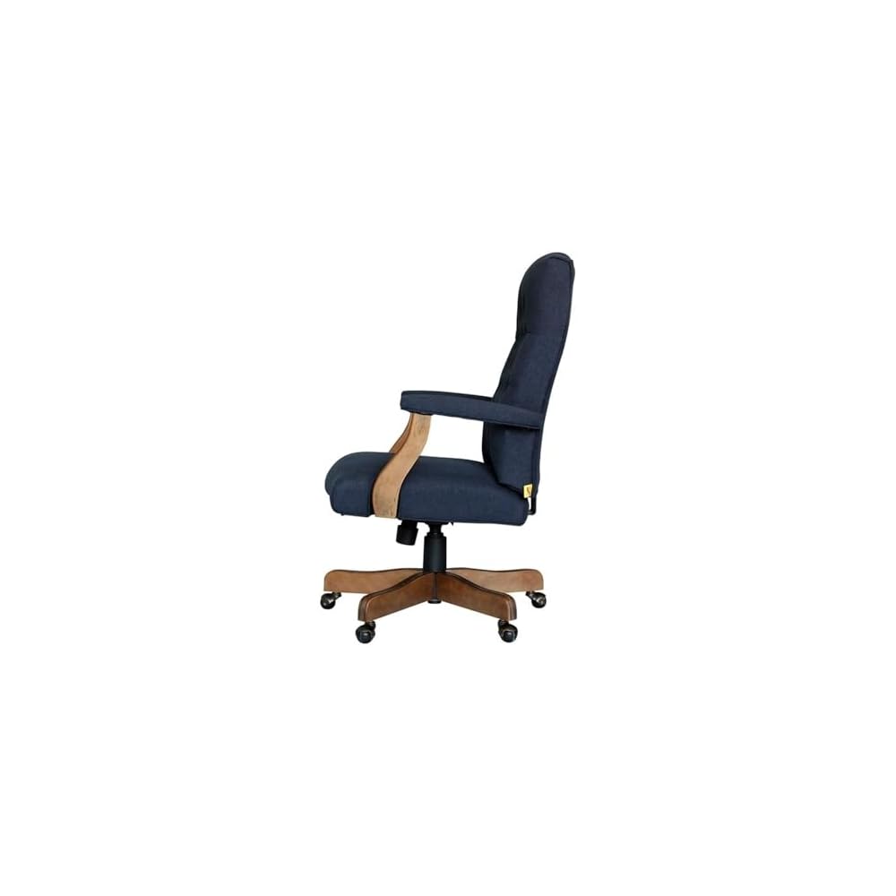 UrbanPro Executive Office Chair, Linen Fabric, Button Tufted, Denim Blue, Driftwood Finish, Adjustable Height 20"-23", 27" W x 28" D x 43"-47" H, Brass Casters, Traditional Design for Home or Office