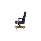 UrbanPro Executive Office Chair, Linen Fabric, Button Tufted, Denim Blue, Driftwood Finish, Adjustable Height 20"-23", 27" W x 28" D x 43"-47" H, Brass Casters, Traditional Design for Home or Office