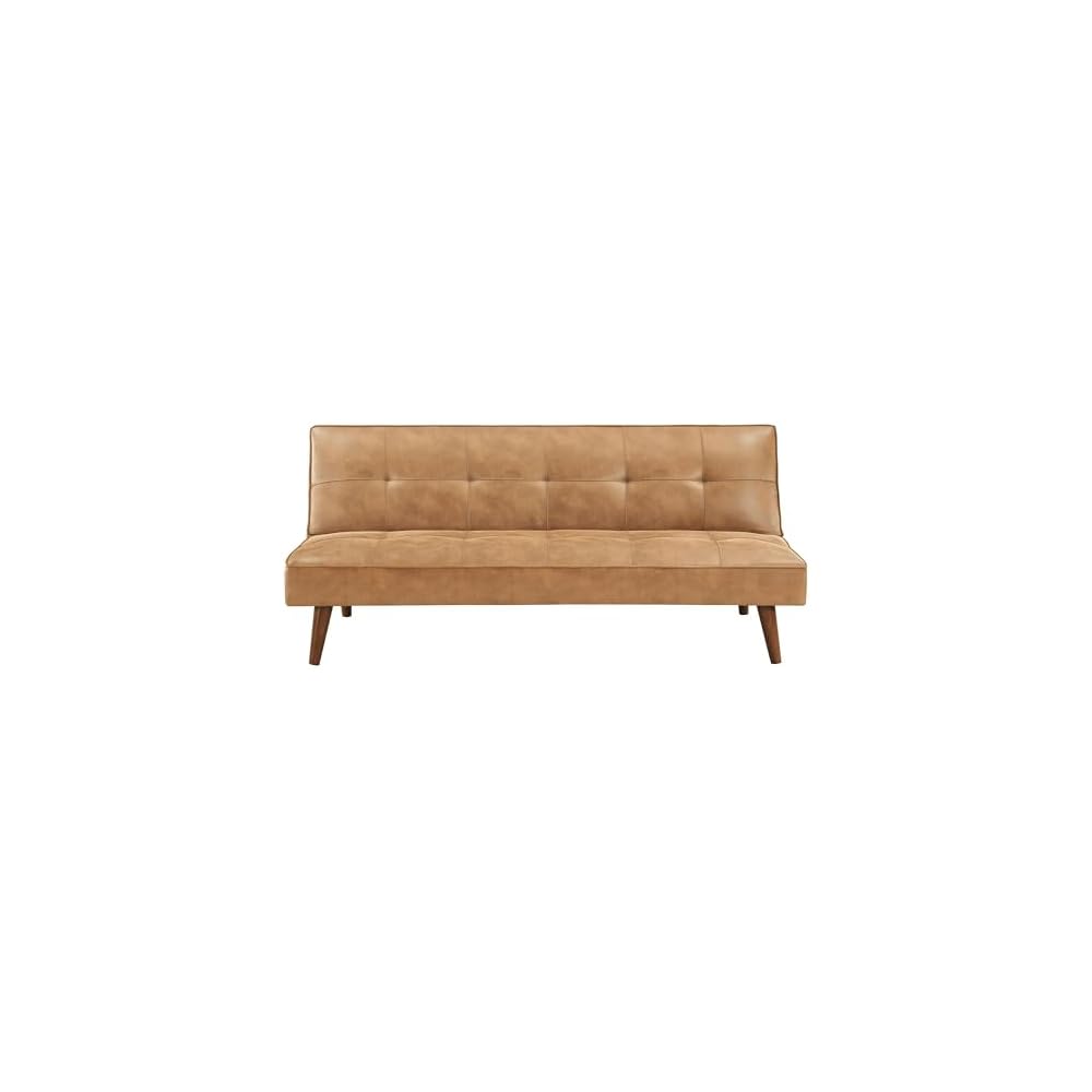 Benzara Sena Futon Convertible Sofa Bed Sleeper Couch, Light Brown Faux Leather