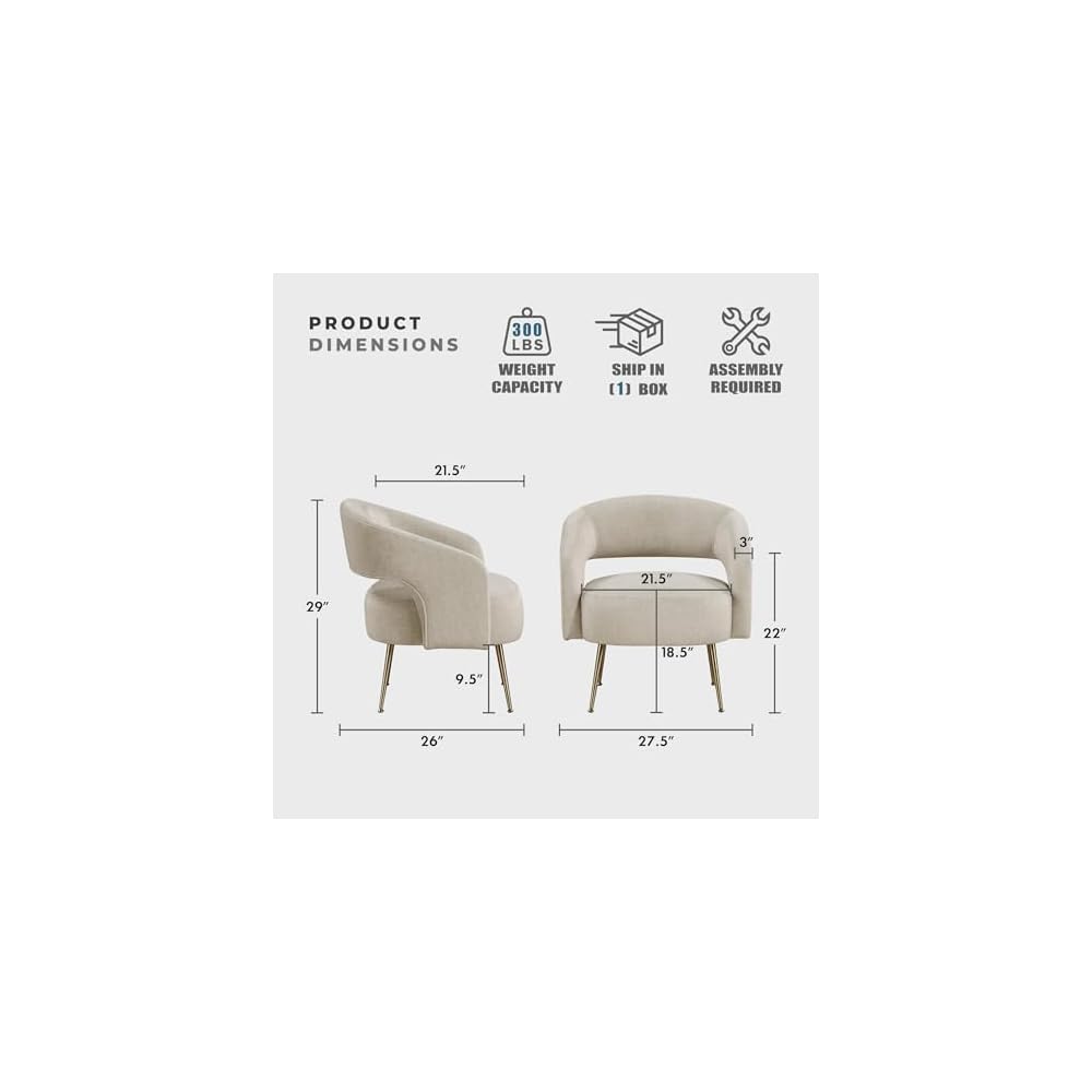 Lexicon Mid-Century Modern Velvet Accent Chair with Open Back, Gold Metal Legs, Upholstered Curved Barrel Armchair for Living Room/Bedroom/Office, Easy Assembly, Taupe