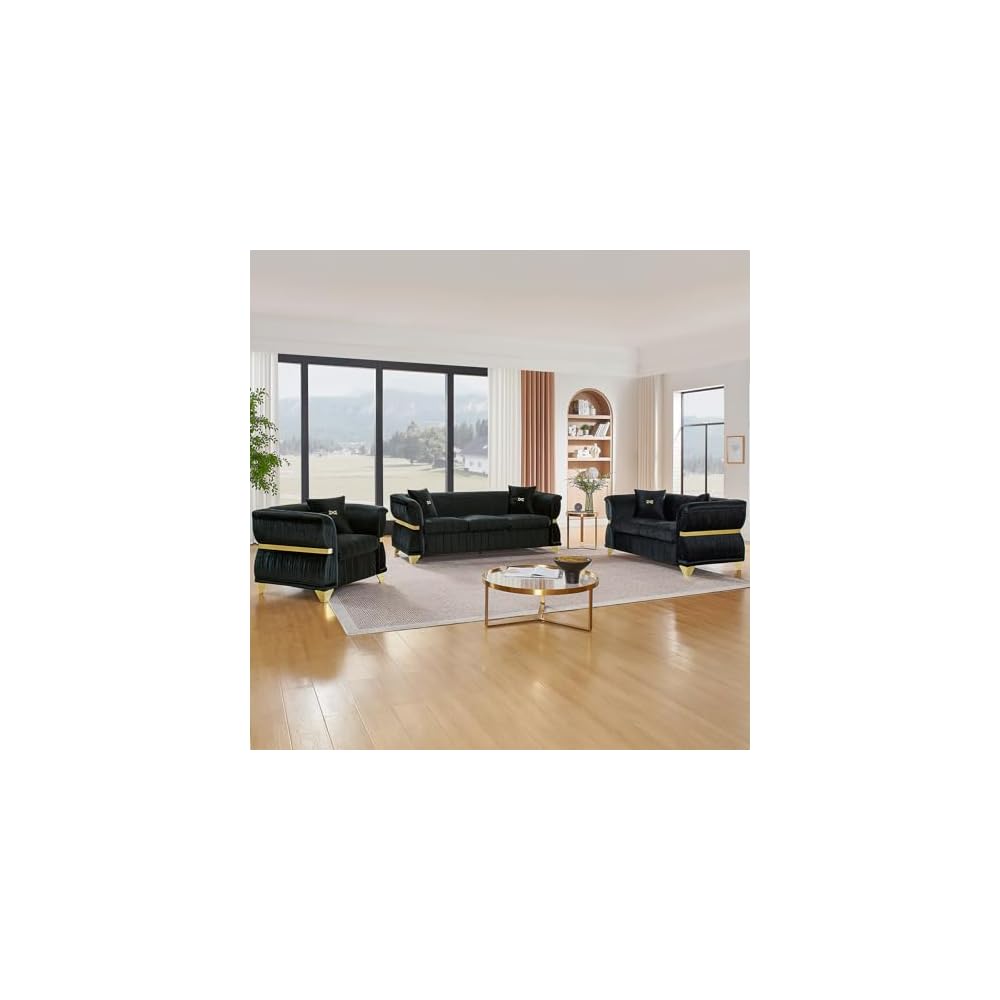 3 Piece Velvet Tufted Chesterfield Sofa Set, Vintage Black and Gold Couch Luxury Sofas for Living Room Set, Retro Armchair, Victorian Loveseat and 3 Seater Couch with Pillows, Black