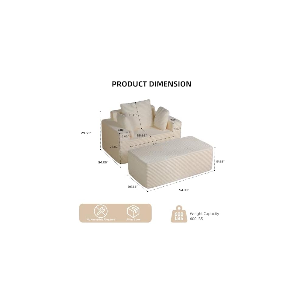 54"W Oversized Chaise Lounge Chair Indoor, Boneless Chaise Lounge Couch, Convertible Comfy Reading Chairs, Corduroy Sleeper Chair Couches for Living Room, Compression Sofa with Ottoman, Beige