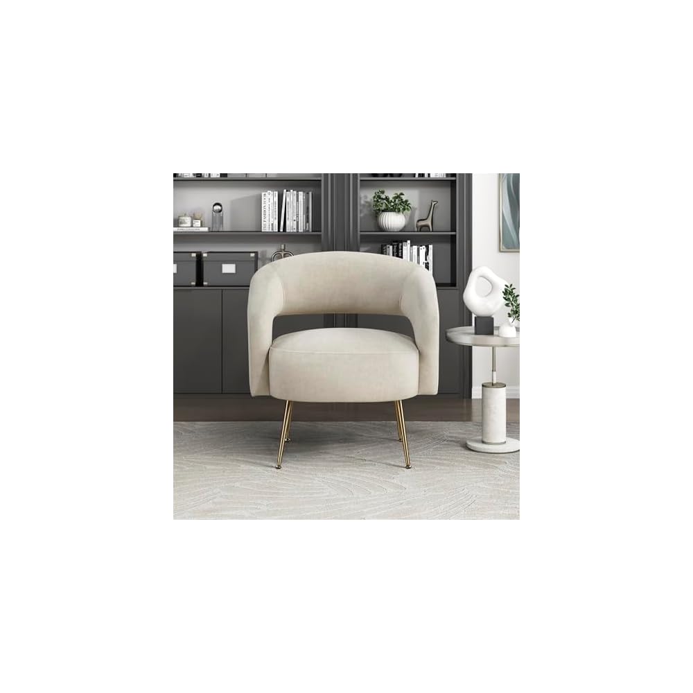 Lexicon Mid-Century Modern Velvet Accent Chair with Open Back, Gold Metal Legs, Upholstered Curved Barrel Armchair for Living Room/Bedroom/Office, Easy Assembly, Taupe