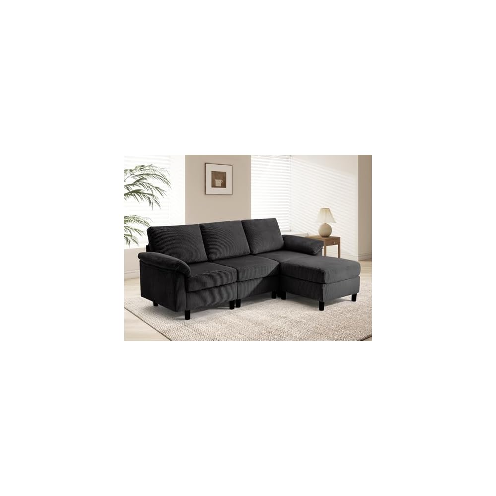 85" Modular Sectional Sofa with Storage, 3-Seat Corduroy Memory Foam Cloud Couch, L Shaped Modern Sectional Sofa Set with Movable Ottoman,Black