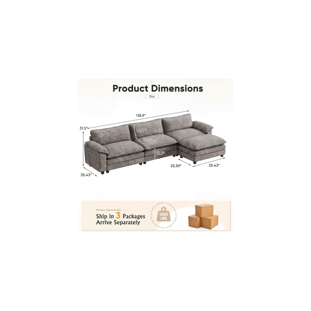 Furniwell 119" Modular Sectional Couch, L Shaped Cloud Sofa for Living Room