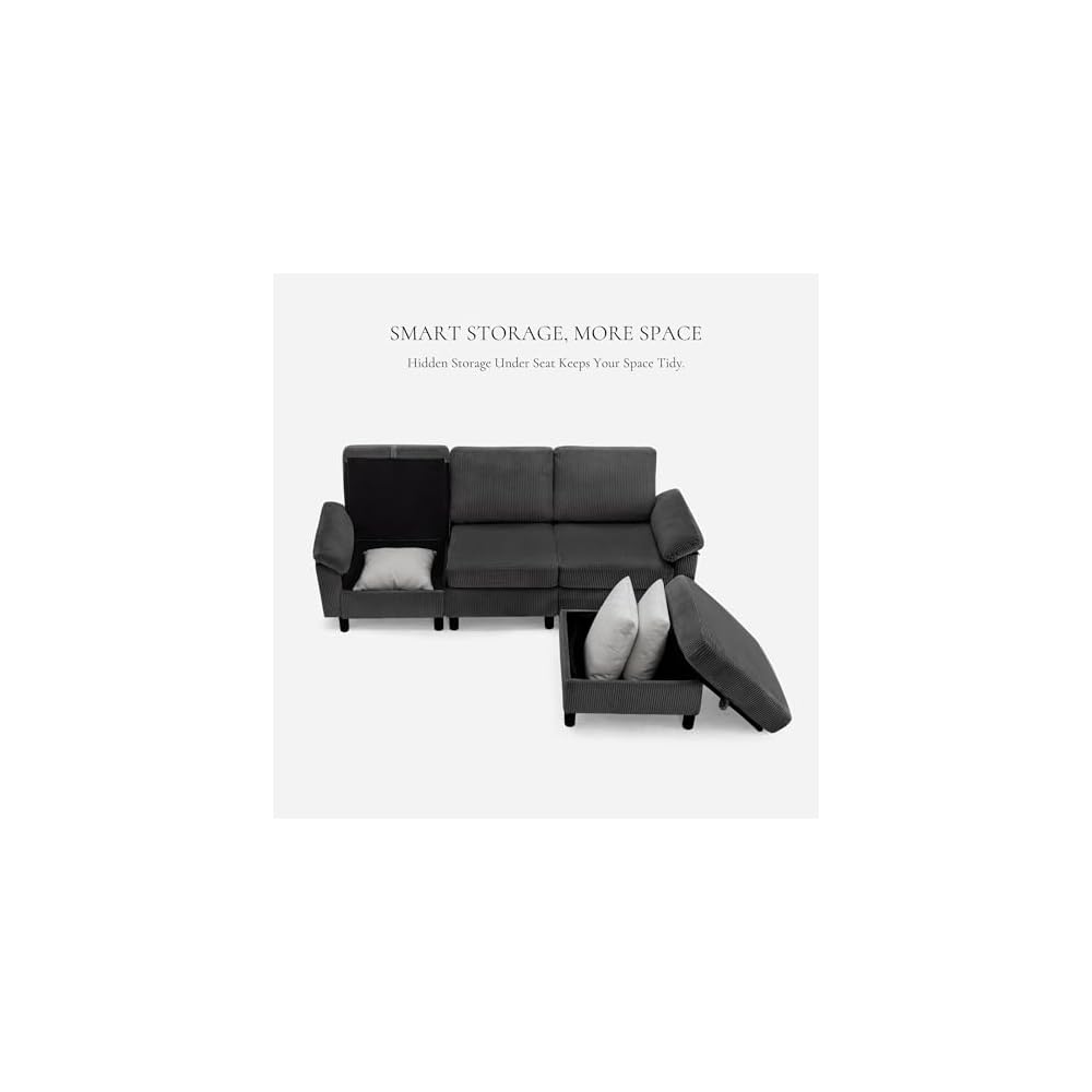 85" Modular Sectional Sofa with Storage, 3-Seat Corduroy Memory Foam Cloud Couch, L Shaped Modern Sectional Sofa Set with Movable Ottoman,Black