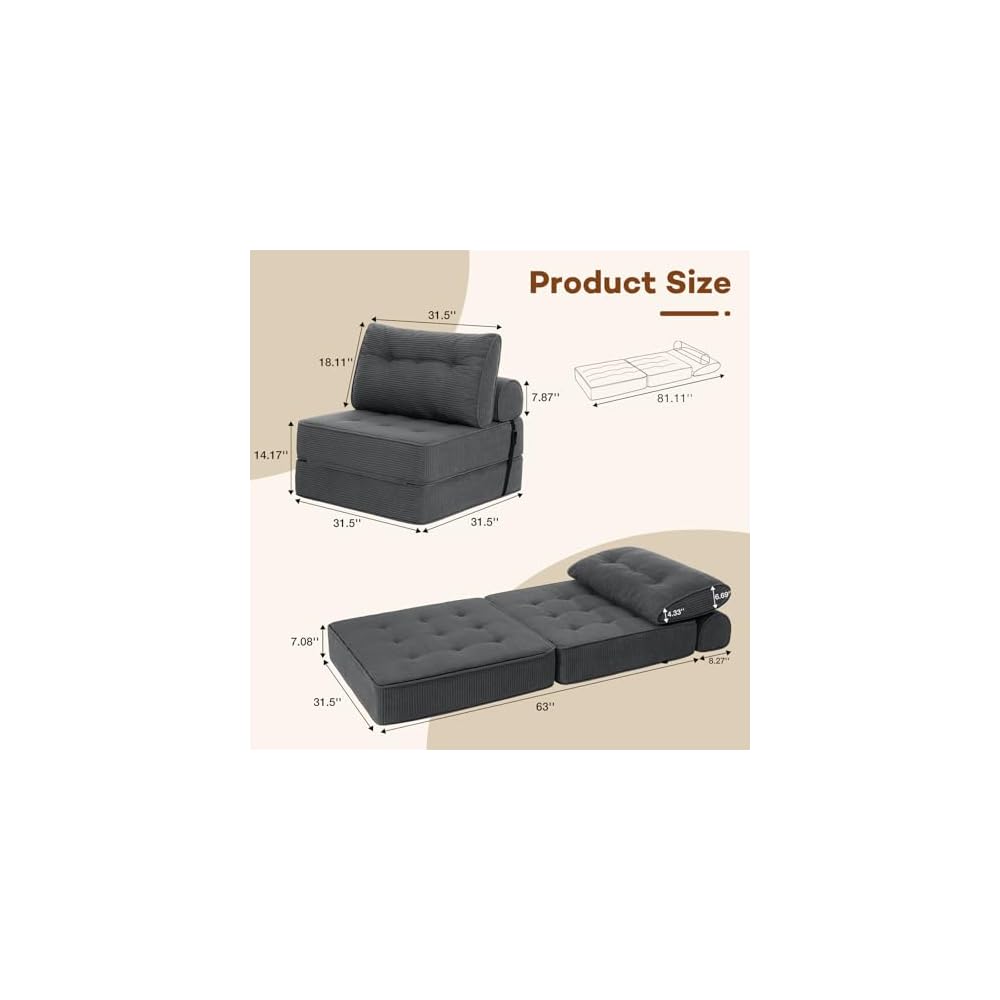 HOMMPA Folding Sofa Bed Convertible Sleeper Chair with Pillow Foldable Mattress with Back Support Portable Fold Out Sleeper Sofa Bed Floor Lounge Sofa for Living Room Home Office Single Size Dark Gray
