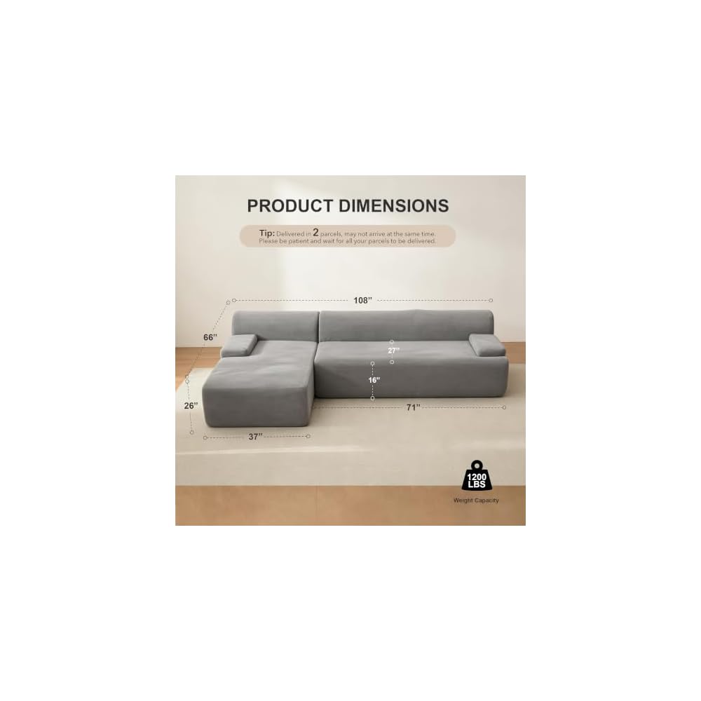 Garvee 108'' Modular Sectional Sofa, Left Facing Chaise L-Shaped Boneless Couch, Ultra Deep Seat Modern Sectional Sofa for Living Room, 5mm Wale Corduroy Fabric, Gary