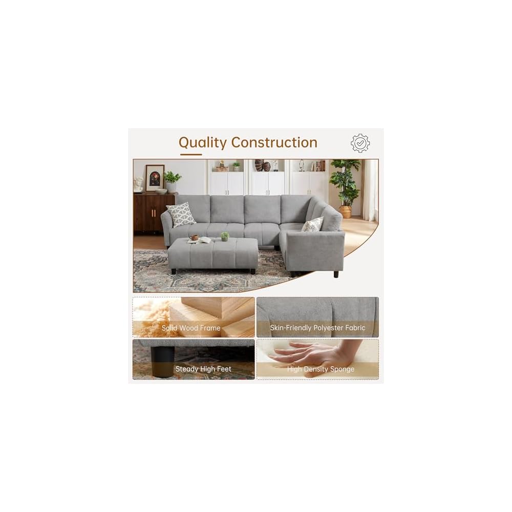 Modular Sectional Sofa, L-Shaped Sectional Couch with Movable Ottoman, Removable Covers, Comfy Sectionals Set for Living Room,Office (Light Grey, 6-Seats)