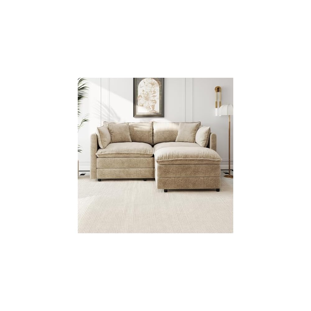 Aoowow Modular Sectional Sofa Modern Convertible Loveseat Couch,77.16 Inch Deep 2-Seater Sofas Comfy Chenille Cloud Sofas and Couches Set with Movable Ottoman for Living Room Apartment（Camel）