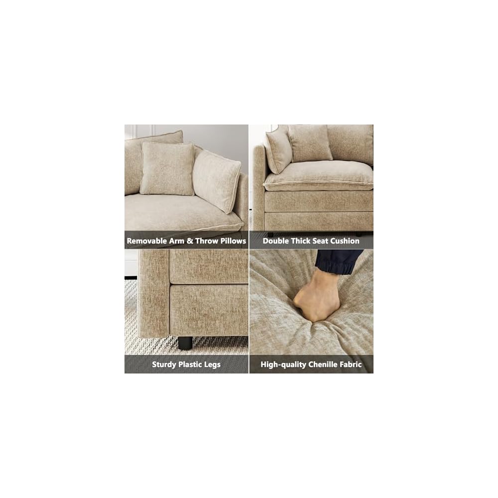Aoowow Modular Sectional Sofa Modern Convertible Loveseat Couch,77.16 Inch Deep 2-Seater Sofas Comfy Chenille Cloud Sofas and Couches Set with Movable Ottoman for Living Room Apartment（Camel）