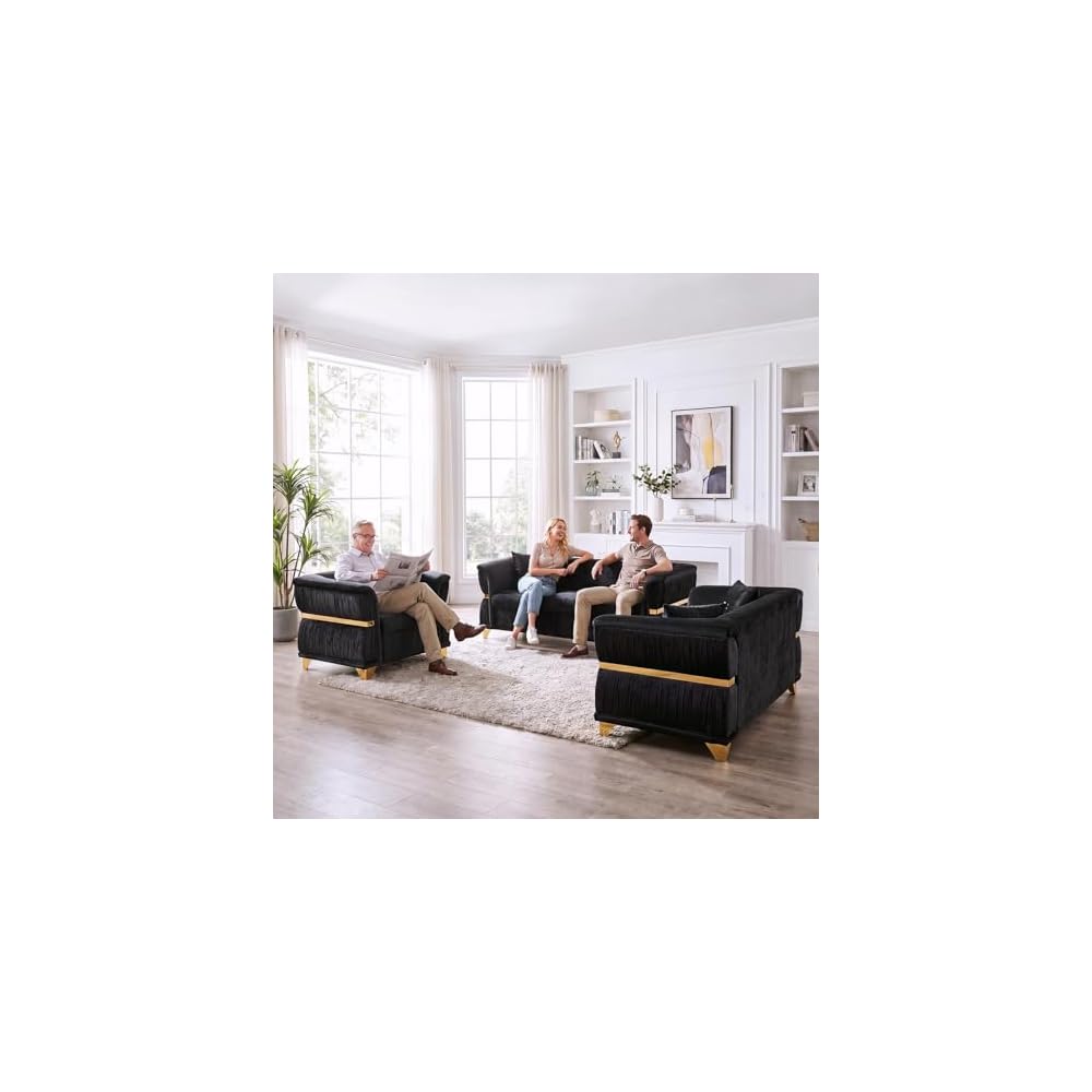 3 Piece Velvet Tufted Chesterfield Sofa Set, Vintage Black and Gold Couch Luxury Sofas for Living Room Set, Retro Armchair, Victorian Loveseat and 3 Seater Couch with Pillows, Black