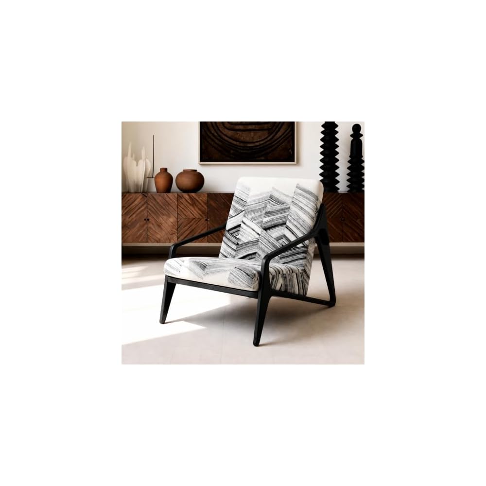 Single Sofa Chair, Black & White Cotton Fabric Wood Accent Chair