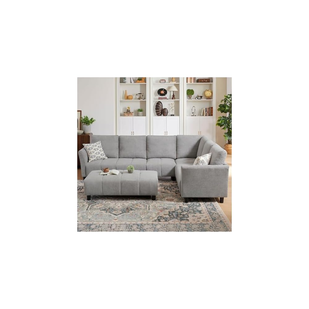 Modular Sectional Sofa, L-Shaped Sectional Couch with Movable Ottoman, Removable Covers, Comfy Sectionals Set for Living Room,Office (Light Grey, 6-Seats)