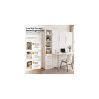 Queen Size Murphy Bed with Desk and Single Side Cabinet, White Wall Bed with Bookcase Shelves, 3 Drawers, Automatic Legs, Hydraulic Assist, Space Saving Bed for Bedroom,Guest Room,Home Office
