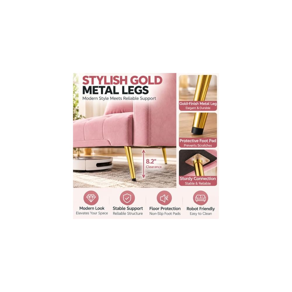 Velvet Convertible Futon Sofa Bed with 3 Adjustable Tufted Backrest，Pink