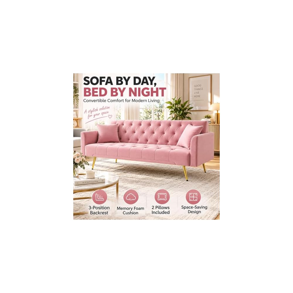 Velvet Convertible Futon Sofa Bed with 3 Adjustable Tufted Backrest，Pink