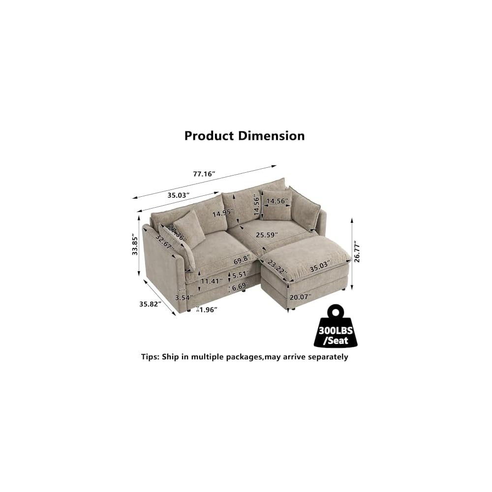 Aoowow Modular Sectional Sofa Modern Convertible Loveseat Couch,77.16 Inch Deep 2-Seater Sofas Comfy Chenille Cloud Sofas and Couches Set with Movable Ottoman for Living Room Apartment（Camel）