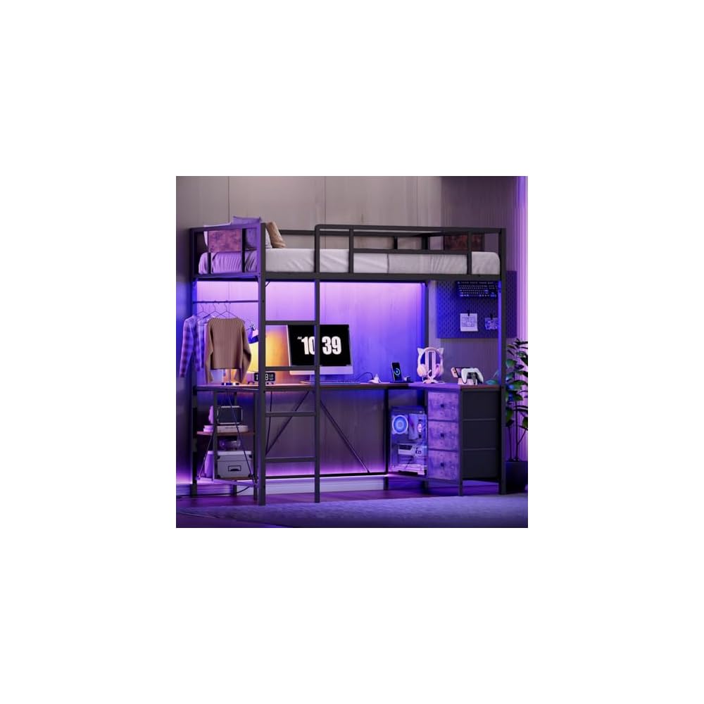 Twin Size Loft Bed with L-Shaped Desk, 3 Storage Drawers, Charging Station, Metal Kids Loft Bed Frame with LED Light & Ladder, Open Storage Shelves, No Box Spring Needed, Rustic Brown & Black