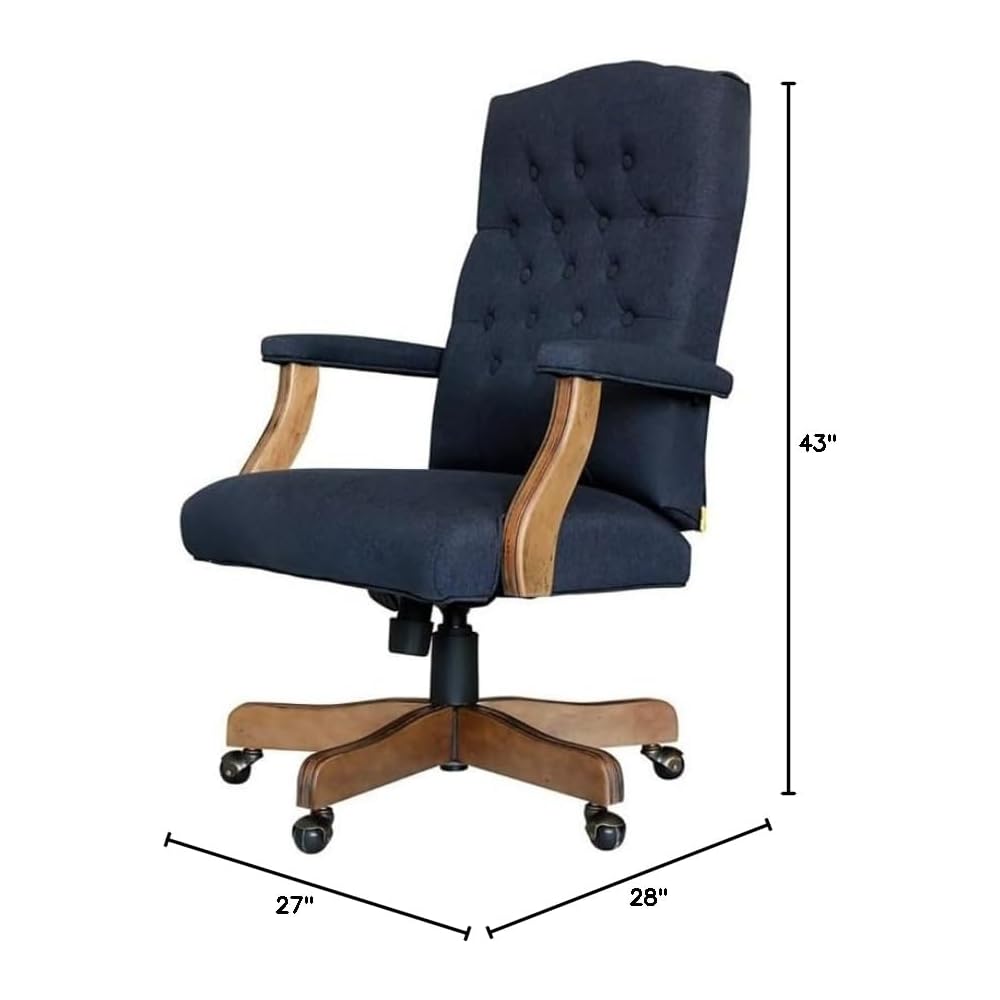 UrbanPro Executive Office Chair, Linen Fabric, Button Tufted, Denim Blue, Driftwood Finish, Adjustable Height 20"-23", 27" W x 28" D x 43"-47" H, Brass Casters, Traditional Design for Home or Office