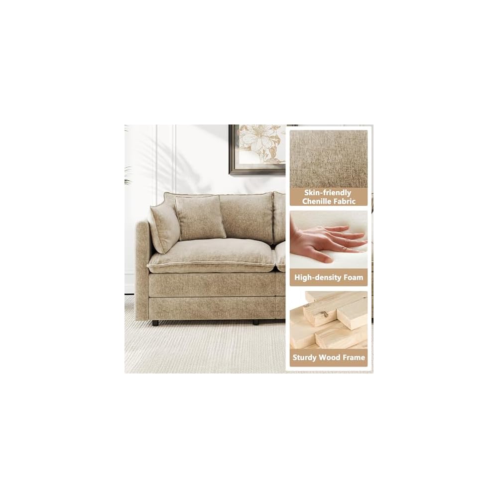 Aoowow Modular Sectional Sofa Modern Convertible Loveseat Couch,77.16 Inch Deep 2-Seater Sofas Comfy Chenille Cloud Sofas and Couches Set with Movable Ottoman for Living Room Apartment（Camel）