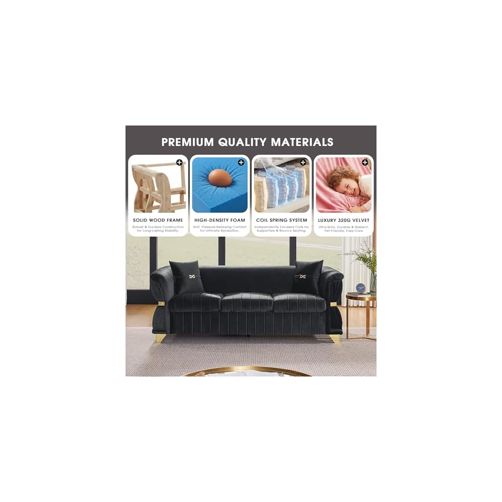 3 Piece Velvet Tufted Chesterfield Sofa Set, Vintage Black and Gold Couch Luxury Sofas for Living Room Set, Retro Armchair, Victorian Loveseat and 3 Seater Couch with Pillows, Black