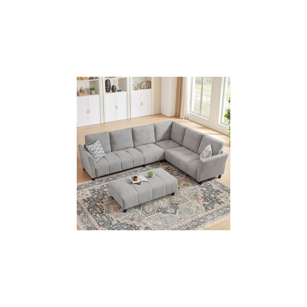 Modular Sectional Sofa, L-Shaped Sectional Couch with Movable Ottoman, Removable Covers, Comfy Sectionals Set for Living Room,Office (Light Grey, 6-Seats)