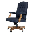 UrbanPro Executive Office Chair, Linen Fabric, Button Tufted, Denim Blue, Driftwood Finish, Adjustable Height 20"-23", 27" W x 28" D x 43"-47" H, Brass Casters, Traditional Design for Home or Office