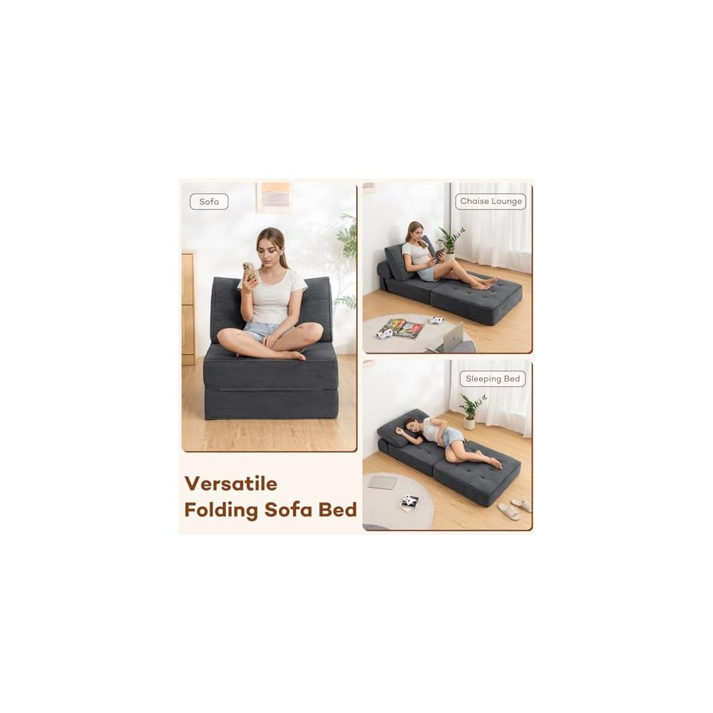 HOMMPA Folding Sofa Bed Convertible Sleeper Chair with Pillow Foldable Mattress with Back Support Portable Fold Out Sleeper Sofa Bed Floor Lounge Sofa for Living Room Home Office Single Size Dark Gray