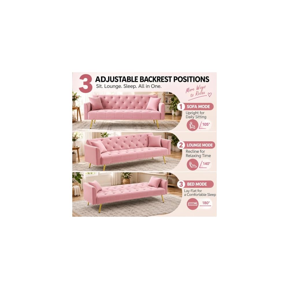 Velvet Convertible Futon Sofa Bed with 3 Adjustable Tufted Backrest，Pink