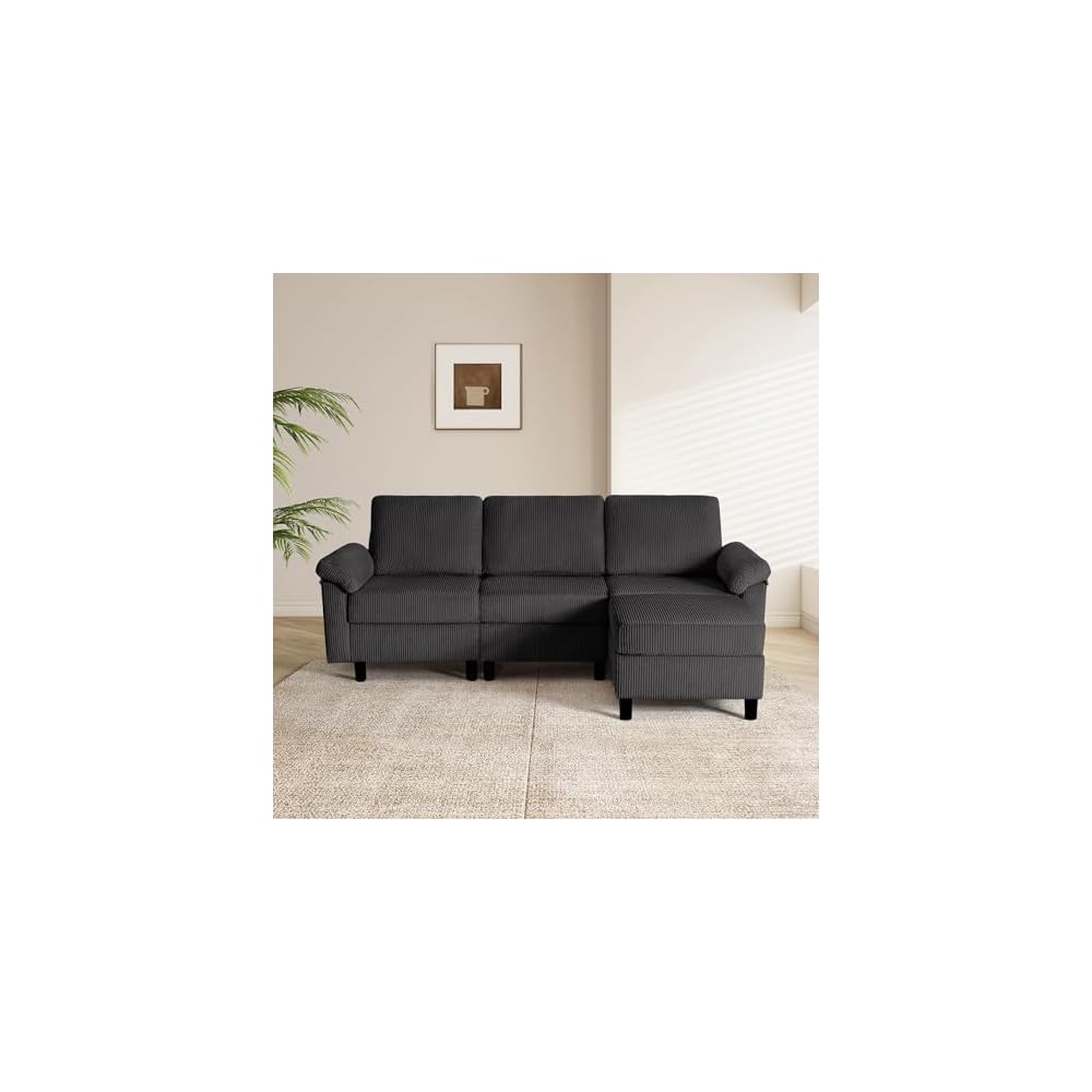 85" Modular Sectional Sofa with Storage, 3-Seat Corduroy Memory Foam Cloud Couch, L Shaped Modern Sectional Sofa Set with Movable Ottoman,Black