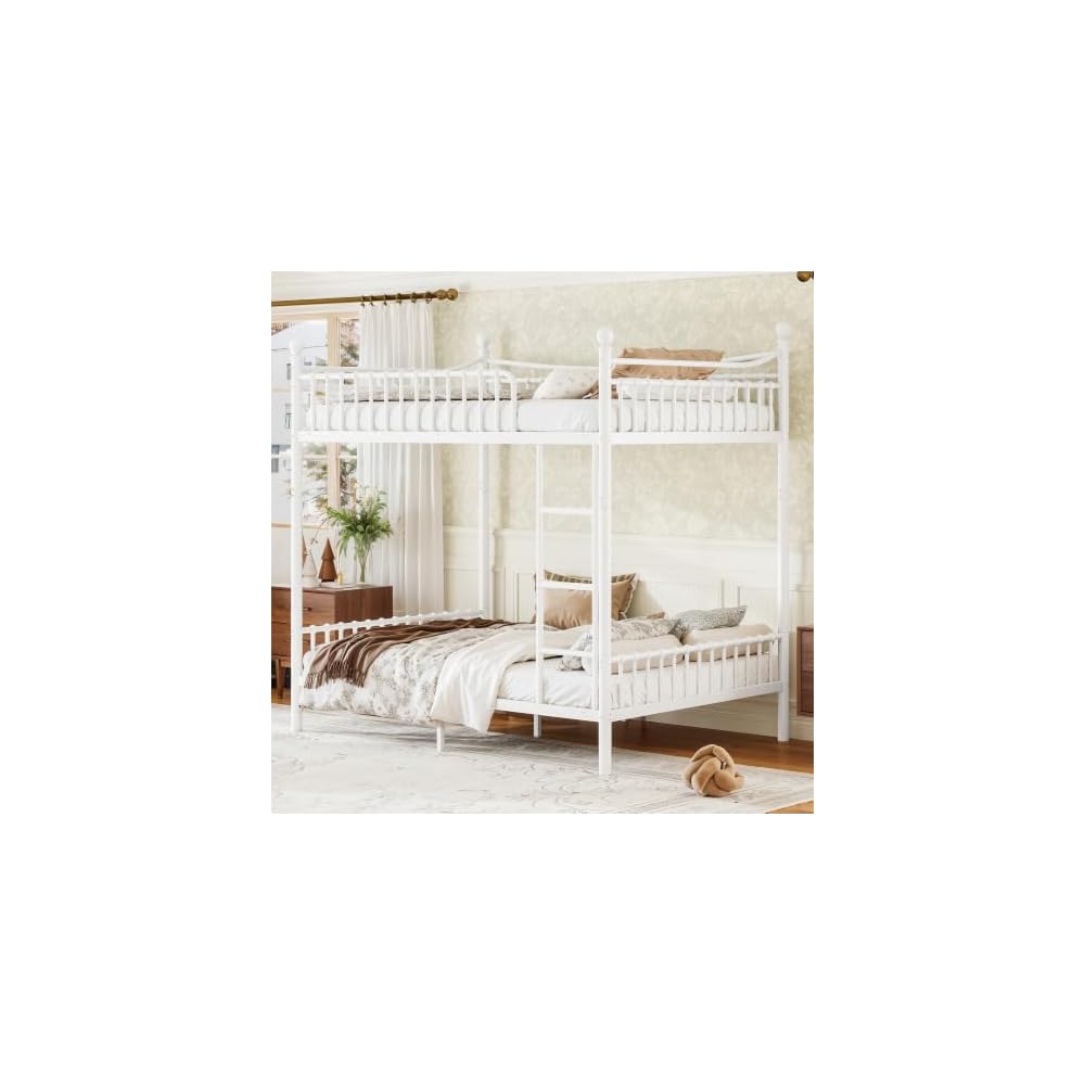 Bellemave Full Over Full Bunk Beds, Metal Bunk Bed with Ladder and Guardrail for Kids, Adults, Can be Split, White