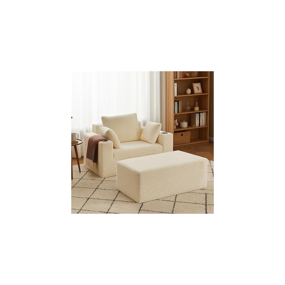 54"W Oversized Chaise Lounge Chair Indoor, Boneless Chaise Lounge Couch, Convertible Comfy Reading Chairs, Corduroy Sleeper Chair Couches for Living Room, Compression Sofa with Ottoman, Beige