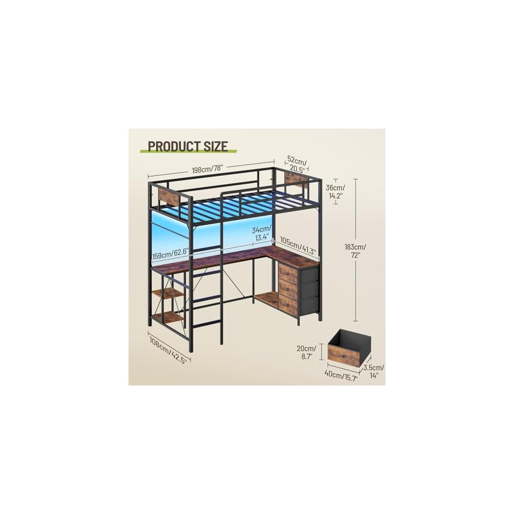 Twin Size Loft Bed with L-Shaped Desk, 3 Storage Drawers, Charging Station, Metal Kids Loft Bed Frame with LED Light & Ladder, Open Storage Shelves, No Box Spring Needed, Rustic Brown & Black