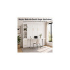 Queen Size Murphy Bed with Desk and Single Side Cabinet, White Wall Bed with Bookcase Shelves, 3 Drawers, Automatic Legs, Hydraulic Assist, Space Saving Bed for Bedroom,Guest Room,Home Office