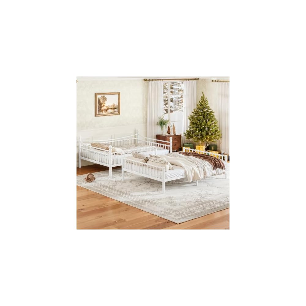 Bellemave Full Over Full Bunk Beds, Metal Bunk Bed with Ladder and Guardrail for Kids, Adults, Can be Split, White
