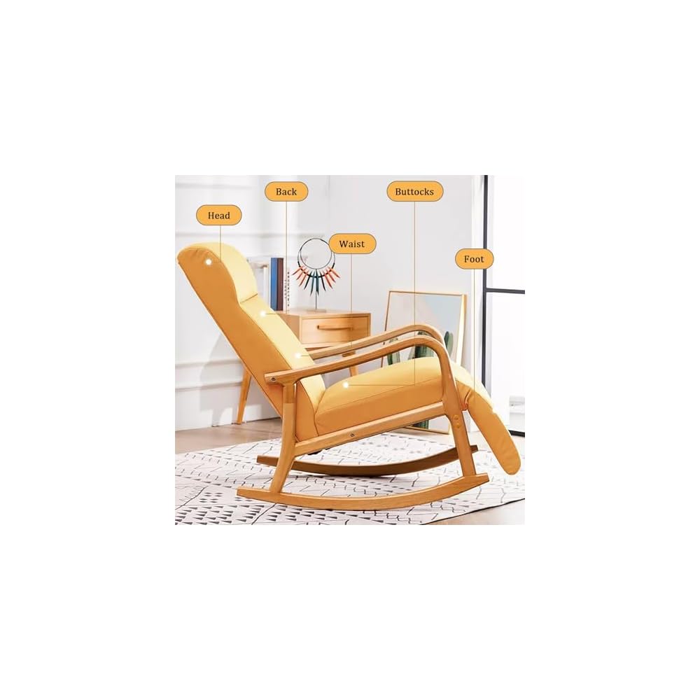 Wood Rocking Chair, Upholstered Rocker Chair with High Backrest, Ergonomic Relax Chair, Modern Leisure Armchair, Smooth Armrest Recliner, for Nursery, Living Room, Bedroom (Color : Blue)