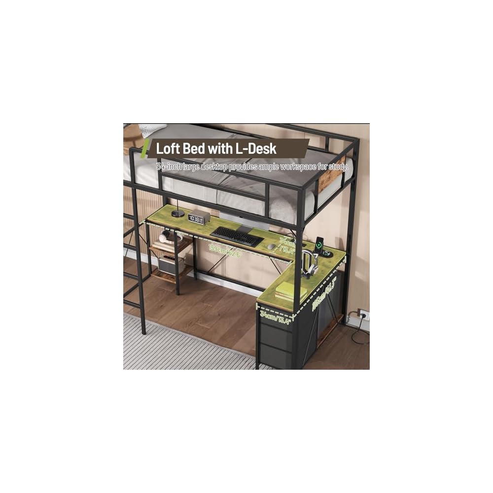 Twin Size Loft Bed with L-Shaped Desk, 3 Storage Drawers, Charging Station, Metal Kids Loft Bed Frame with LED Light & Ladder, Open Storage Shelves, No Box Spring Needed, Rustic Brown & Black