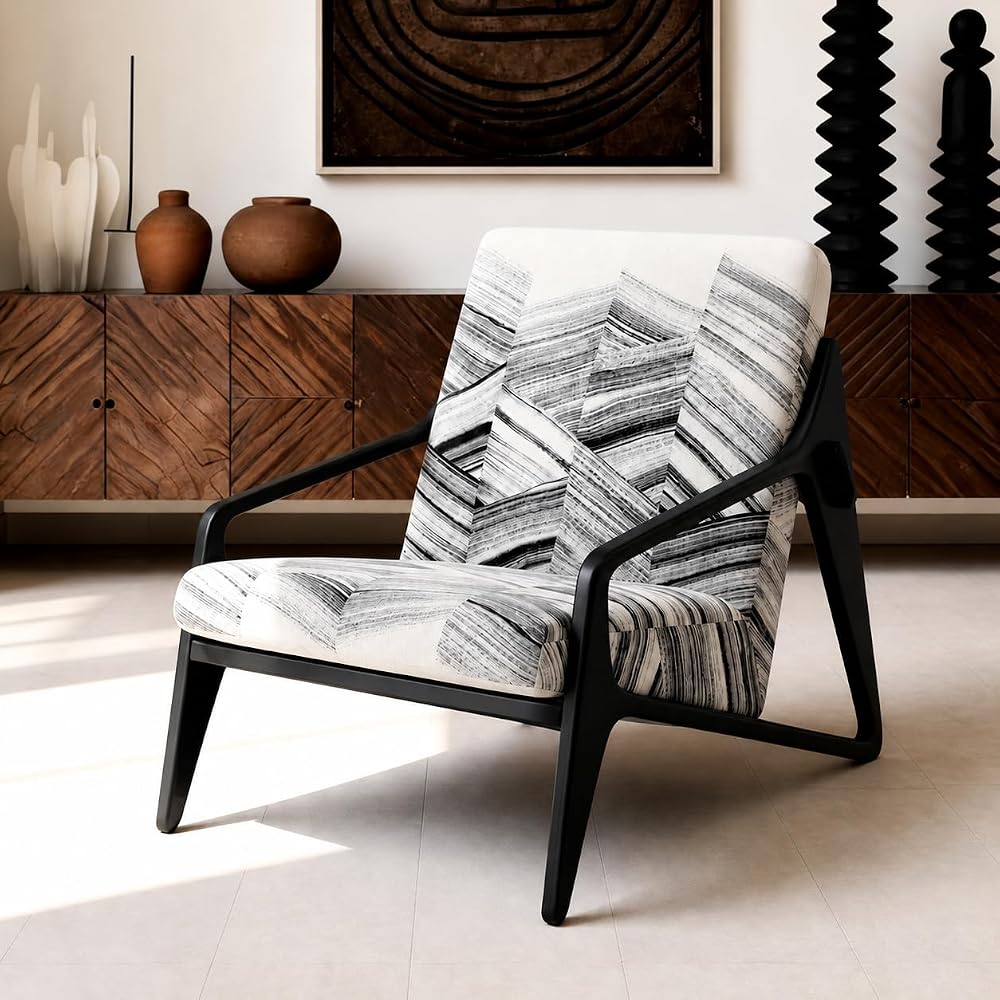 Single Sofa Chair, Black & White Cotton Fabric Wood Accent Chair