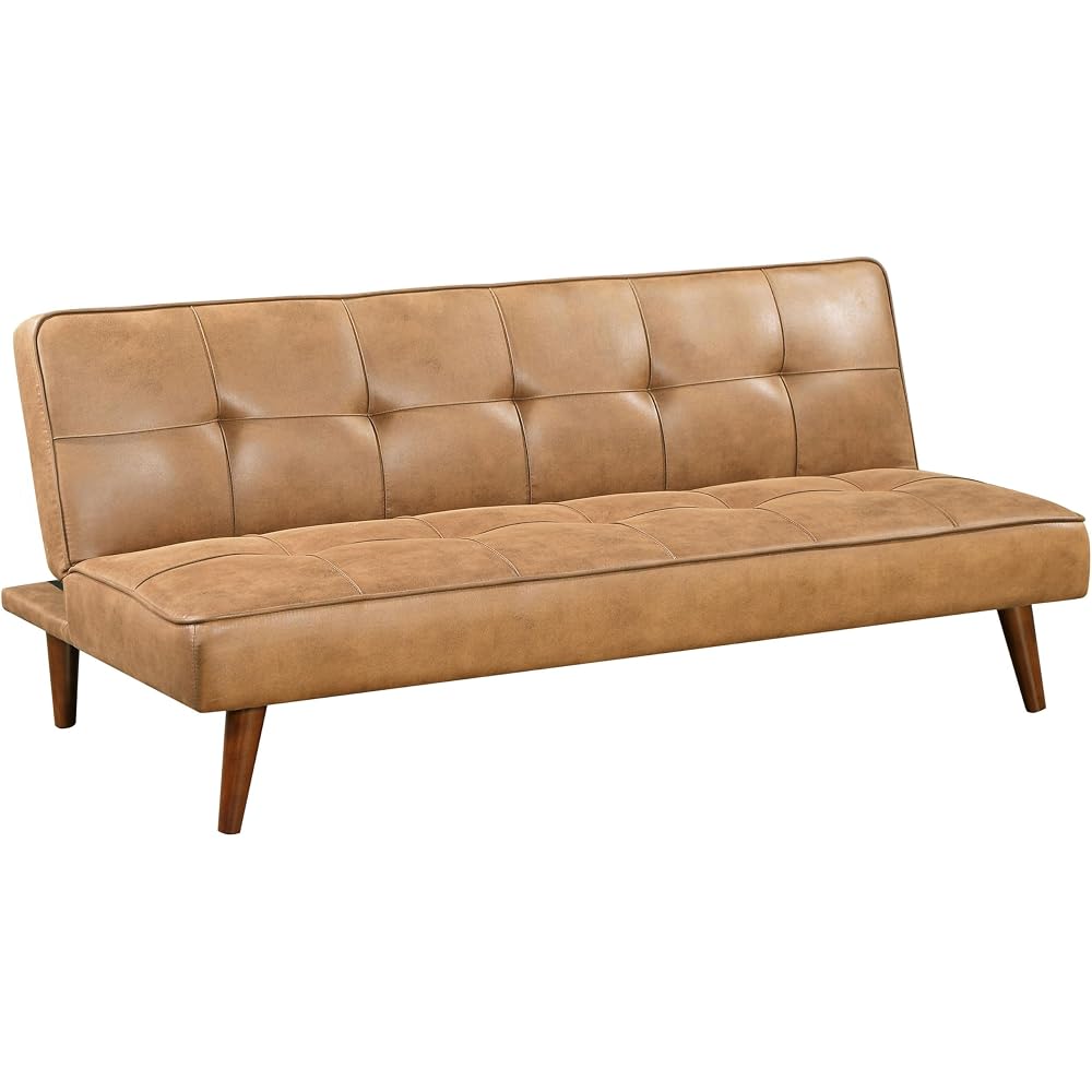 Benzara Sena Futon Convertible Sofa Bed Sleeper Couch, Light Brown Faux Leather