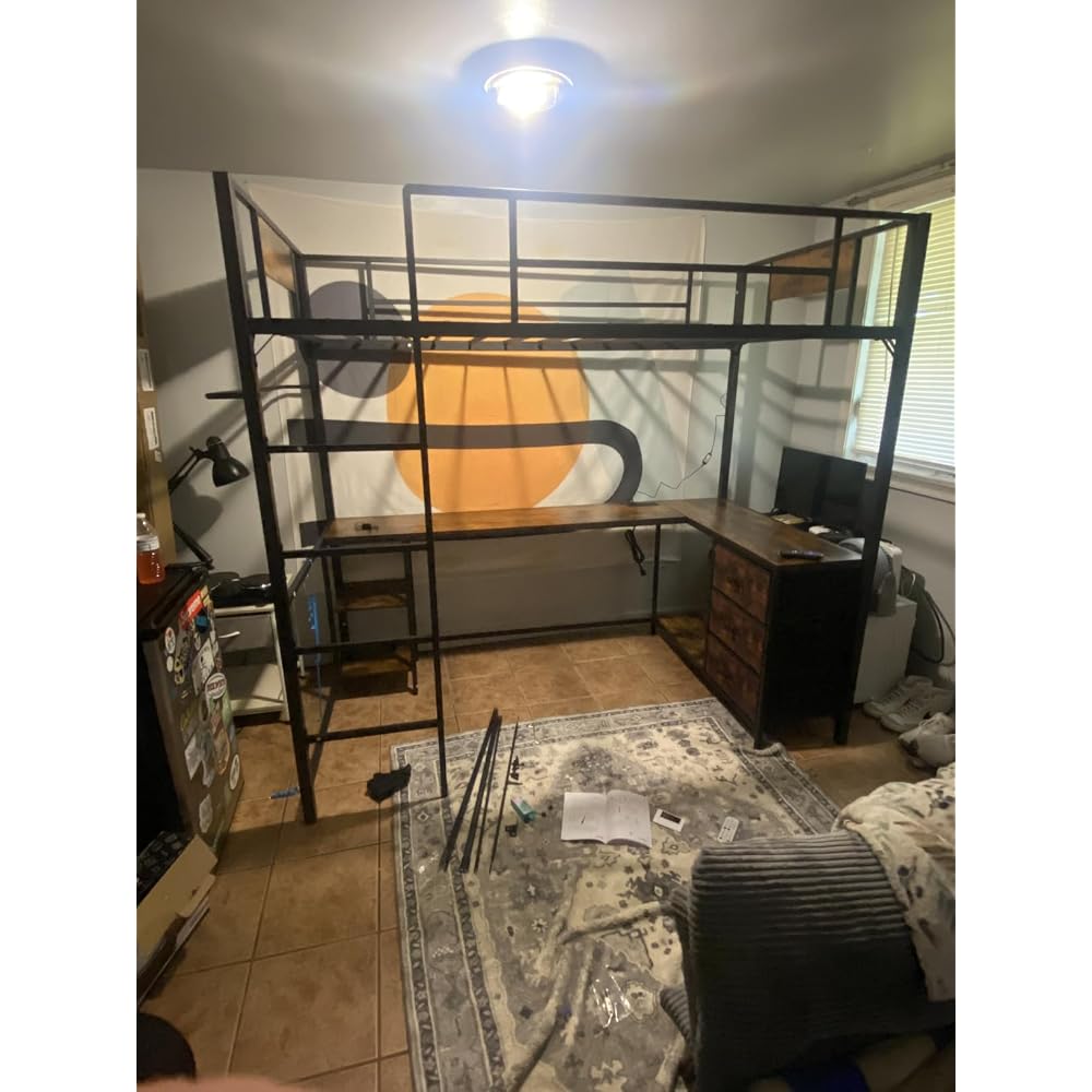 Twin Size Loft Bed with L-Shaped Desk, 3 Storage Drawers, Charging Station, Metal Kids Loft Bed Frame with LED Light & Ladder, Open Storage Shelves, No Box Spring Needed, Rustic Brown & Black
