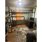 Twin Size Loft Bed with L-Shaped Desk, 3 Storage Drawers, Charging Station, Metal Kids Loft Bed Frame with LED Light & Ladder, Open Storage Shelves, No Box Spring Needed, Rustic Brown & Black